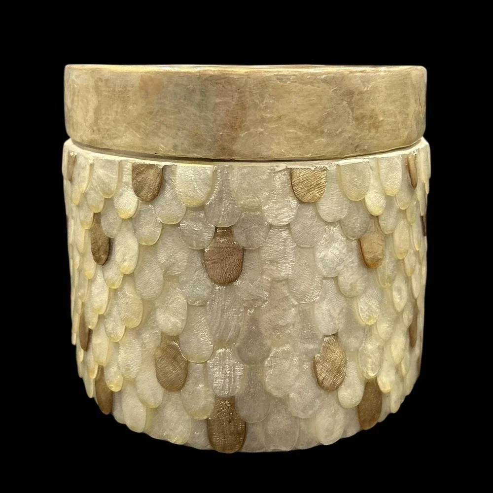 Vtg Unique Capiz Shell Oval Trinket Jewelry Makeup Box Nautical Beach Decor